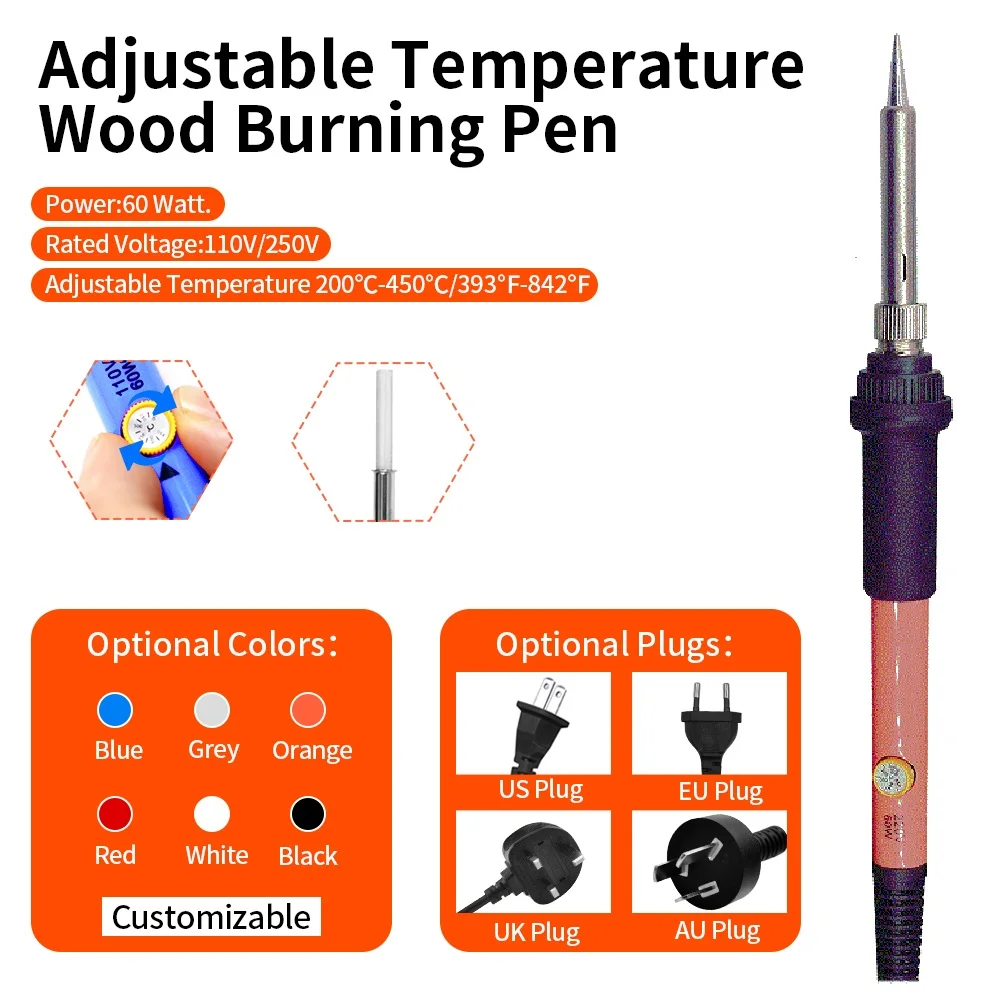 71PCS Wood Burning Pen Orange Color EU US UK Plug Adjustable Carving Pyrography Tool Soldering iron Pen Set Welding Tips Kit