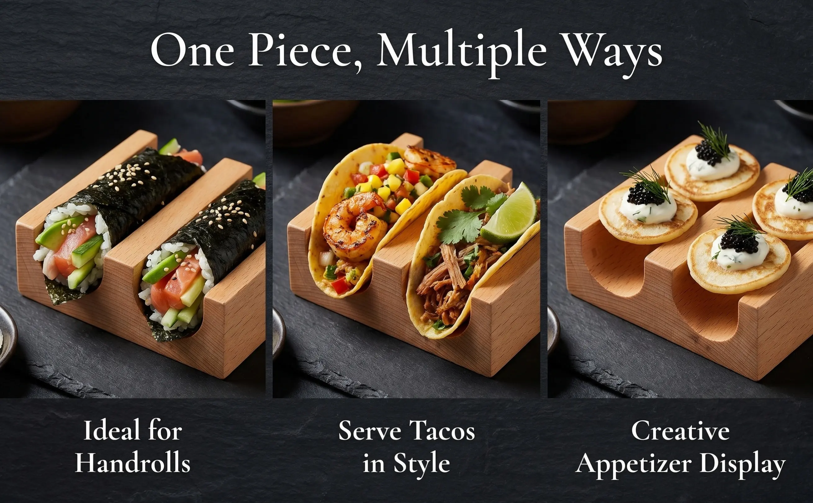 2-Grid Wooden Sushi Holder Hand Roll Stand U Shaped Sushi Serving Tray Taco Rack Display Plate for Snacks Dessert Restaurant