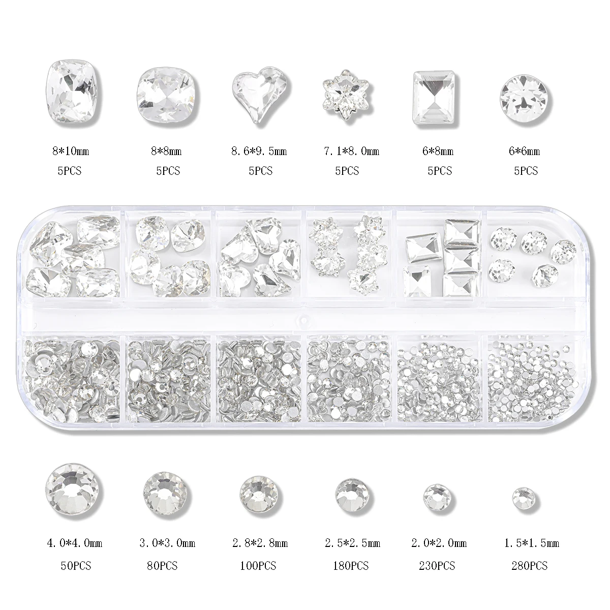 950pcs12 palace box transparent color flat nail rhinestone rhinail diamond fat square crooked heart special nail tip drill set