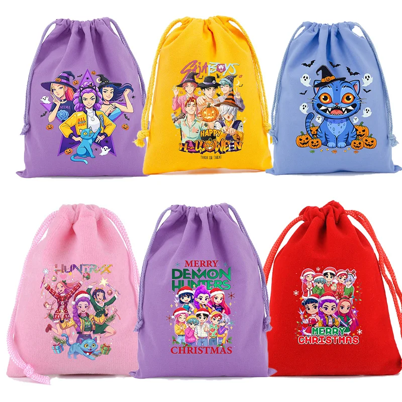 Bolsa de regalo con cordón KPop Demon Hunters, bolsa organizadora de almacenamiento para fiesta de Navidad y Halloween, bolsa de aseo con bolsillo de tela, regalo de Navidad