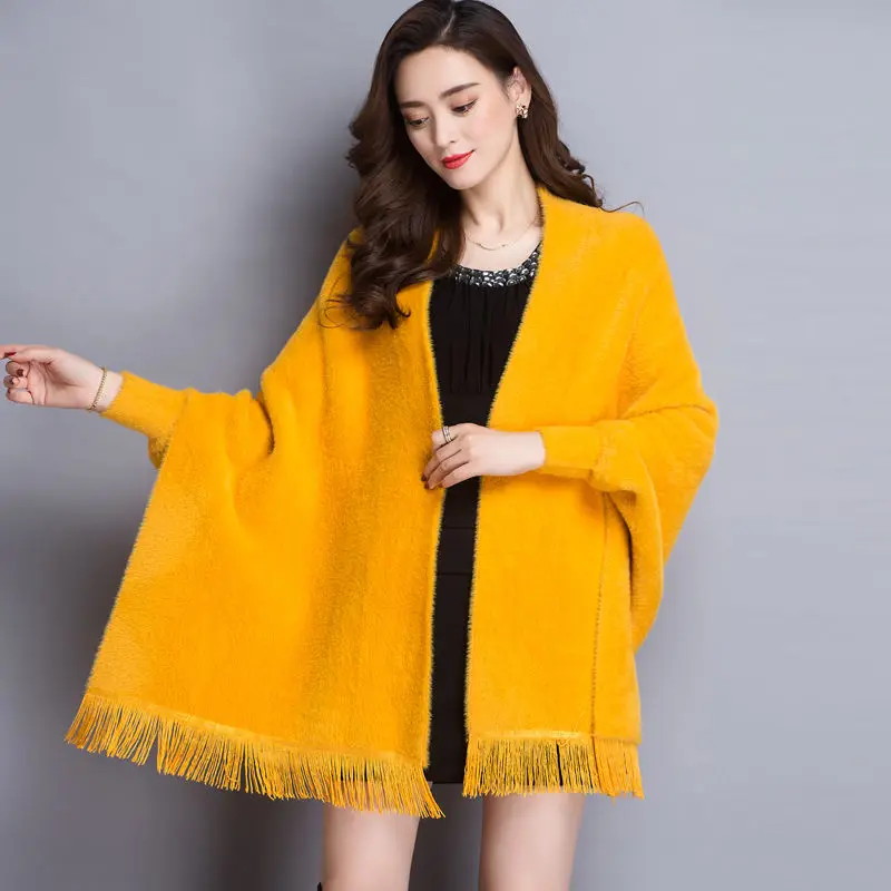 Mink velvet cape jacket women autumn and winter mid-length all-match cashmere tassel cape cape with sleeves poncho women coat