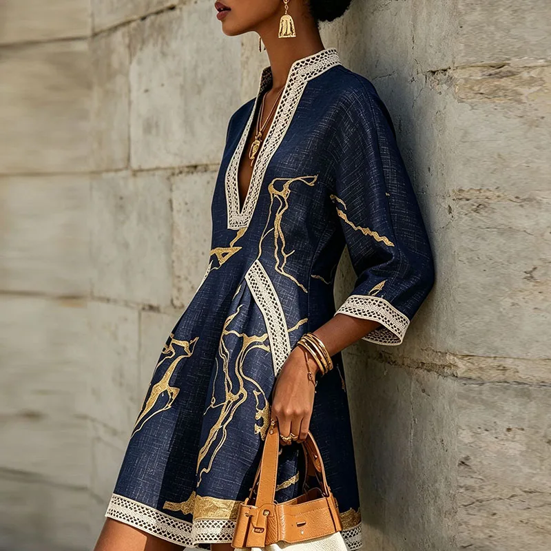 Women Casual 3/4‑Sleeve Bohe Short Dress Fashion Deep‑V Stand Collar Pocket Mini Dress Elegant Pattern Print Loose Holiday Dress