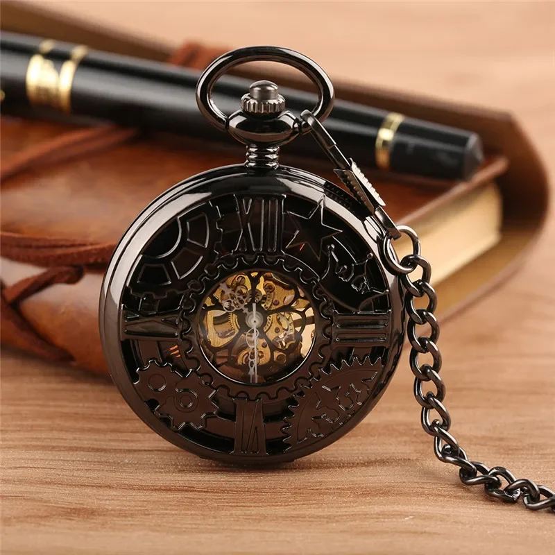 Antique Hollow Out Gear Case Men Women Handwinding Mechanical Pocket Watch Pendant Chain Skeleton Clock Roman Numeral Timepiece