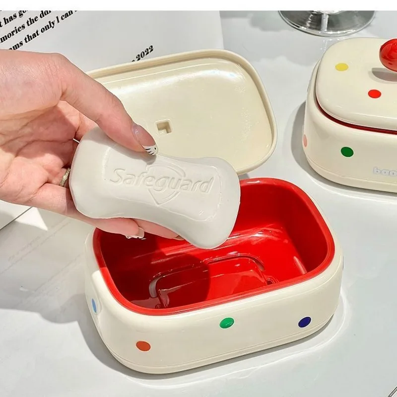 1pcs Cute Bowknot Polka Dot Soap Box with Lid Creative Plastic Soap Dish for Bathroom Countertop Home Decorative Soap Holder