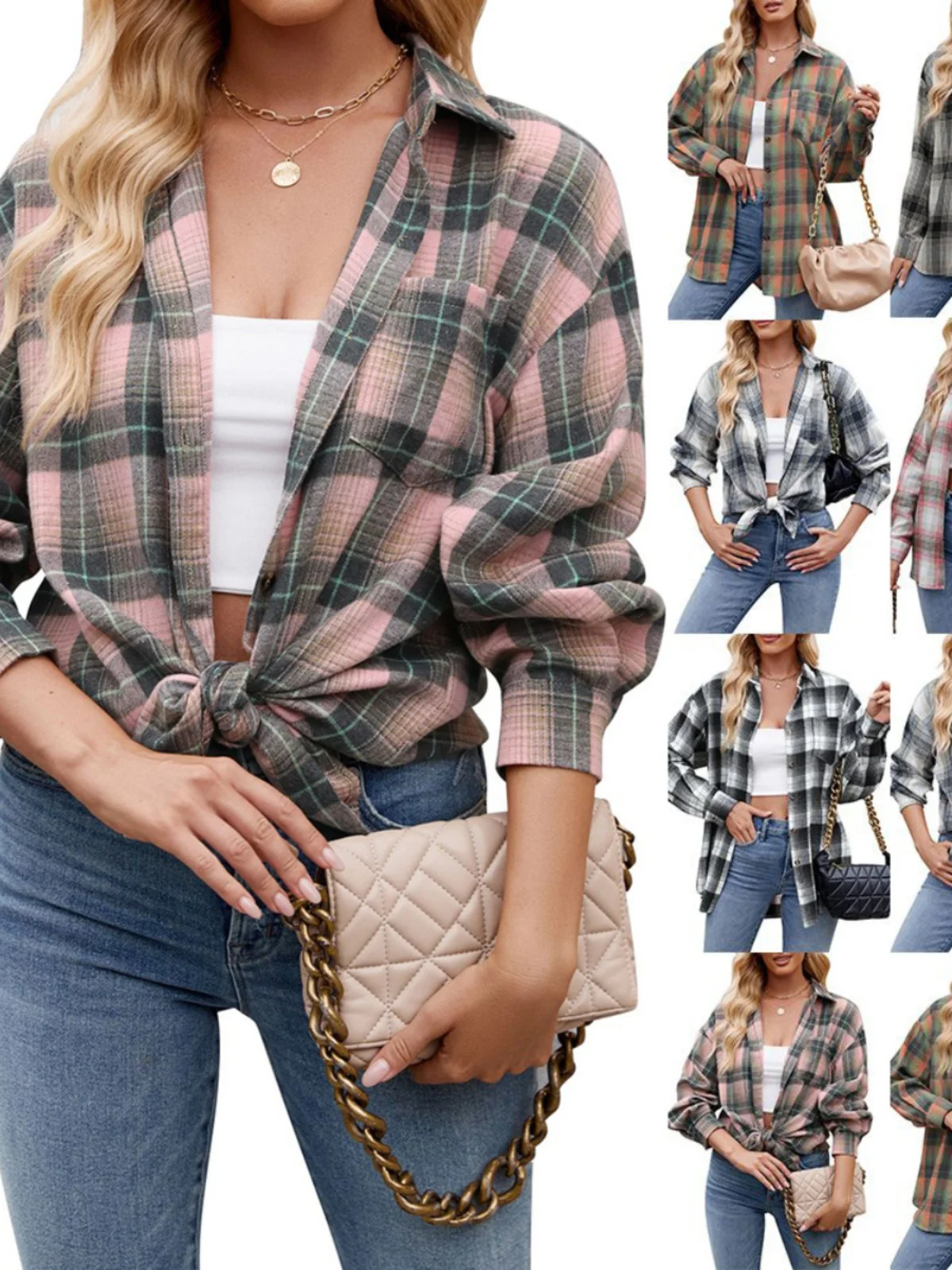 

Sli Plaid Lapel Long Sve irt Women's Autumn Warm Polyester Straight Cut Ne Print Casual Faion irt