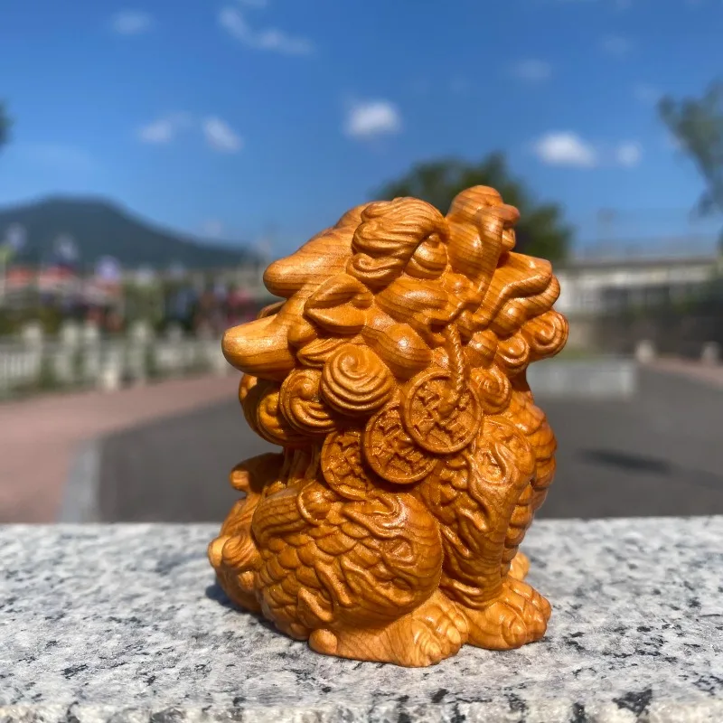 Exquisite Chinese Kirin Wood Carving, Wealth-Attracting Auspicious Beast Figurine, Home & Office Decor Hand Pouch Statue