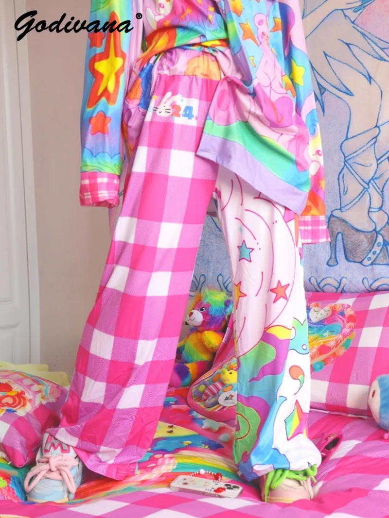 

Original Japanese Girls Y2k Loose Trousers Drawstring Waist Women's Cute Plaid Printed Wide-leg Pants