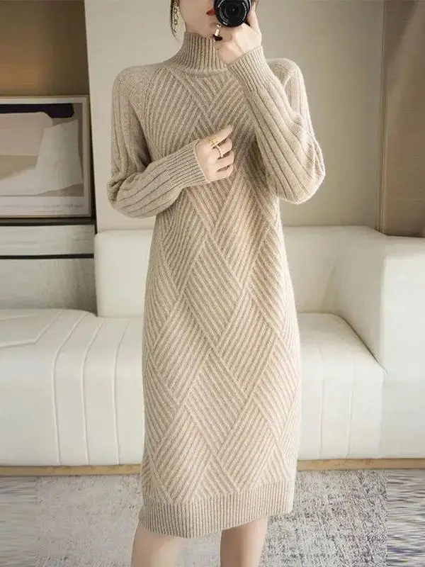 Thickened High Collar Knitted Sweater Dress Loose Base Layer Winter Fashion Women's Casual Wear Three-quarter Sleeve Dress