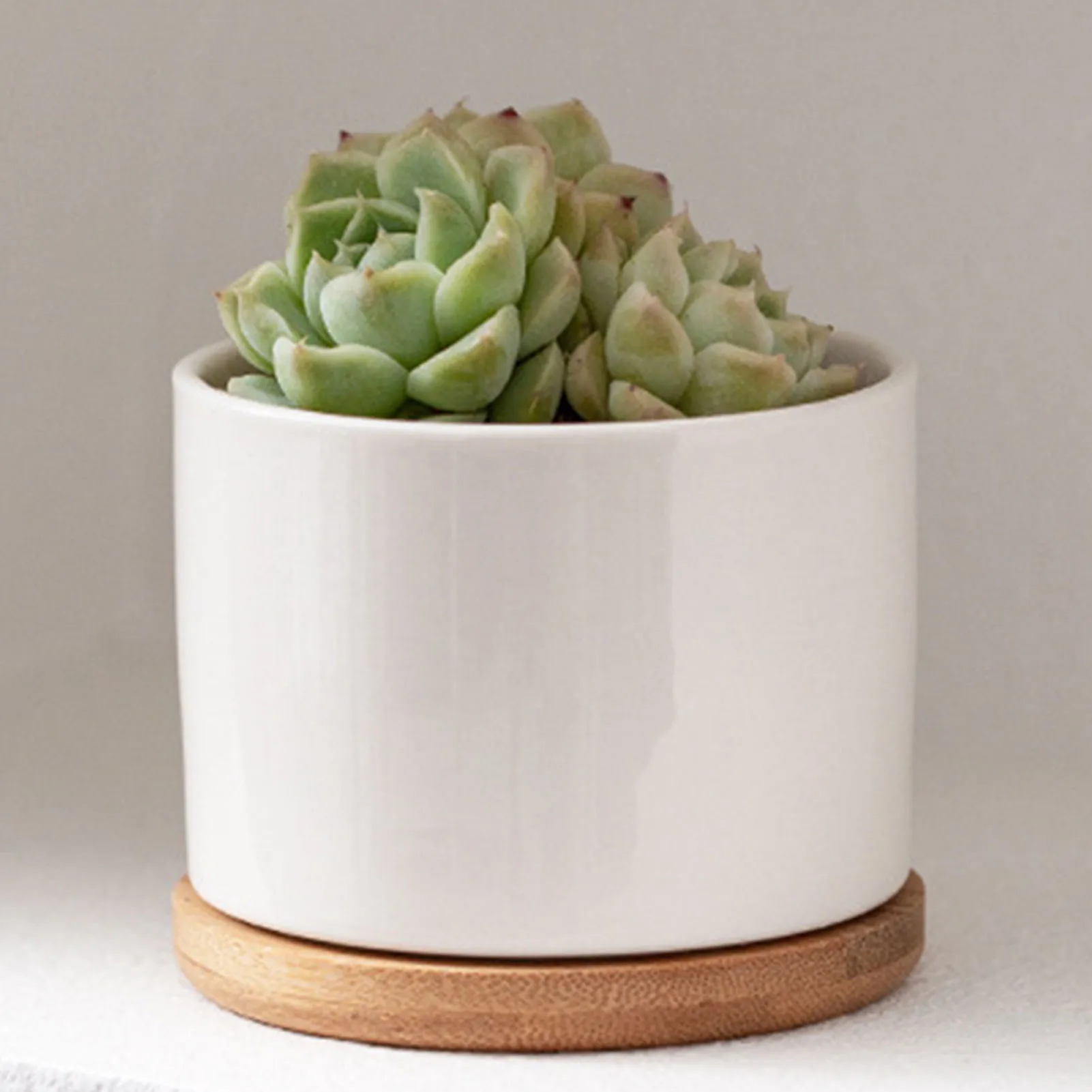 Ceramic Planter Pot with Bamboo Tray Succulent Plant Round Desktop Pot Small Bonsai Pots Green Planters Creative Flowerpots