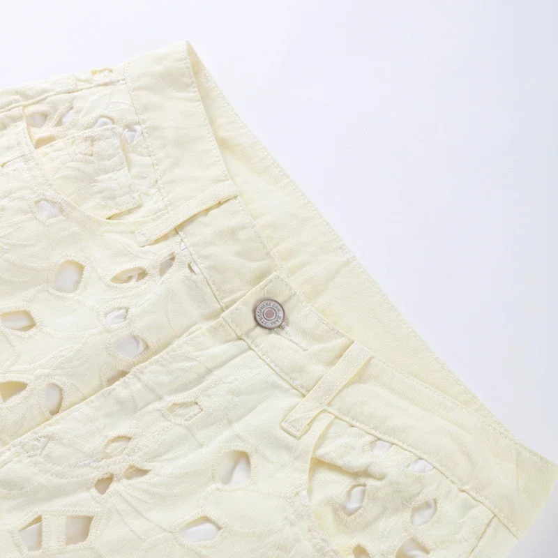 Hollow Out Jeans For Women Sexy White Flower Holes Zipper Pocket Straight Wige Leg Pants Female 2025 Autumn Chic Lady Trousers