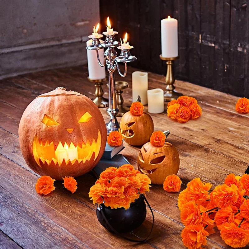 5/10 Stück 5 cm große orangefarbene Ringelblumenköpfe mit Stielen, künstliche Seidenblumen für Zuhause, Zimmer, Hochzeit, Party, Halloween-Dekoration – Detail 7