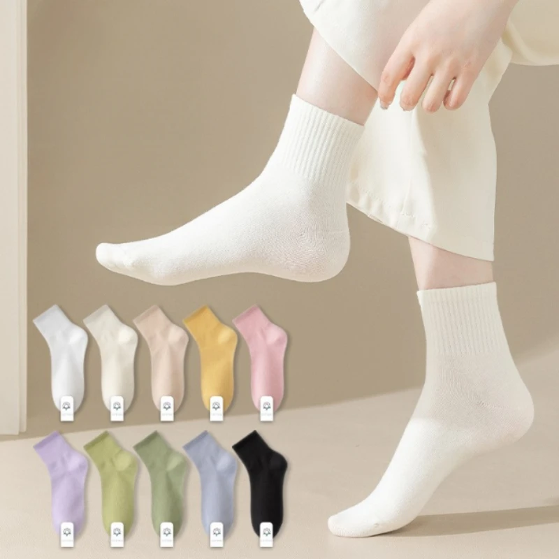 Chaussettes de rinçage en coton pour femmes, chaussettes respirantes monochromes pour femmes, chaussettes souples à tube long, chaussettes décontractées pour l'hiver, haute qualité, printemps