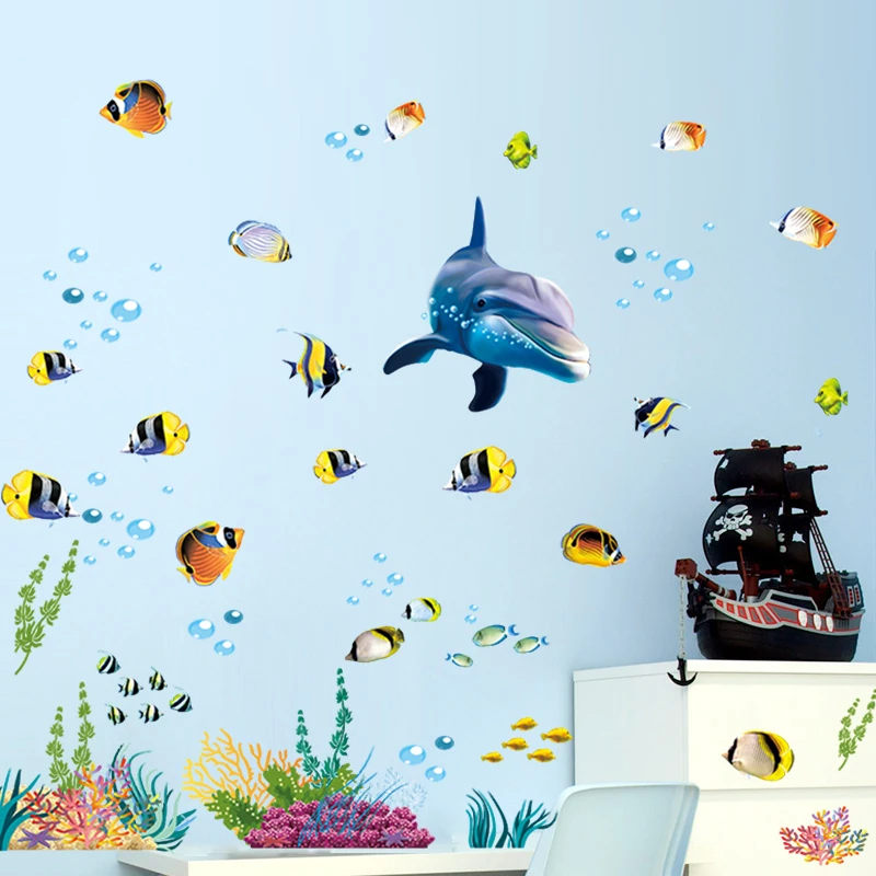 

Cute Dophin Sealifes Wall Stickers For Bathroom Home Decoration Diy Fish Mural Art Kids Decal Waterproof Poster