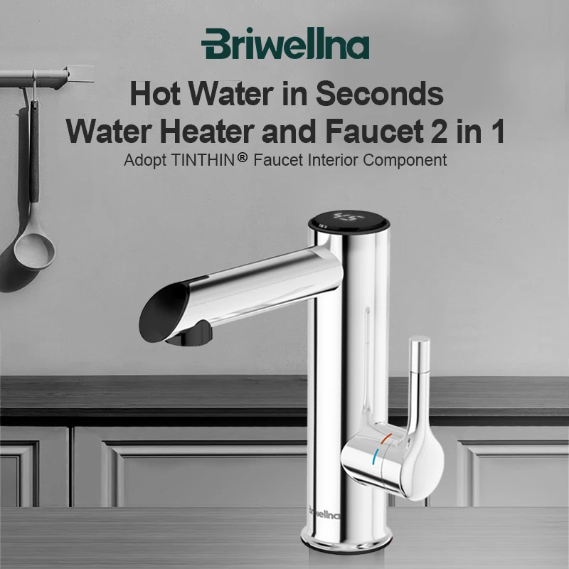 Briwellna Bathroom Electric Faucet Stainless Steel Hot Water Tap 220V Mini Water Heater Instant Hot Water Faucet 2 in 1 Mixer