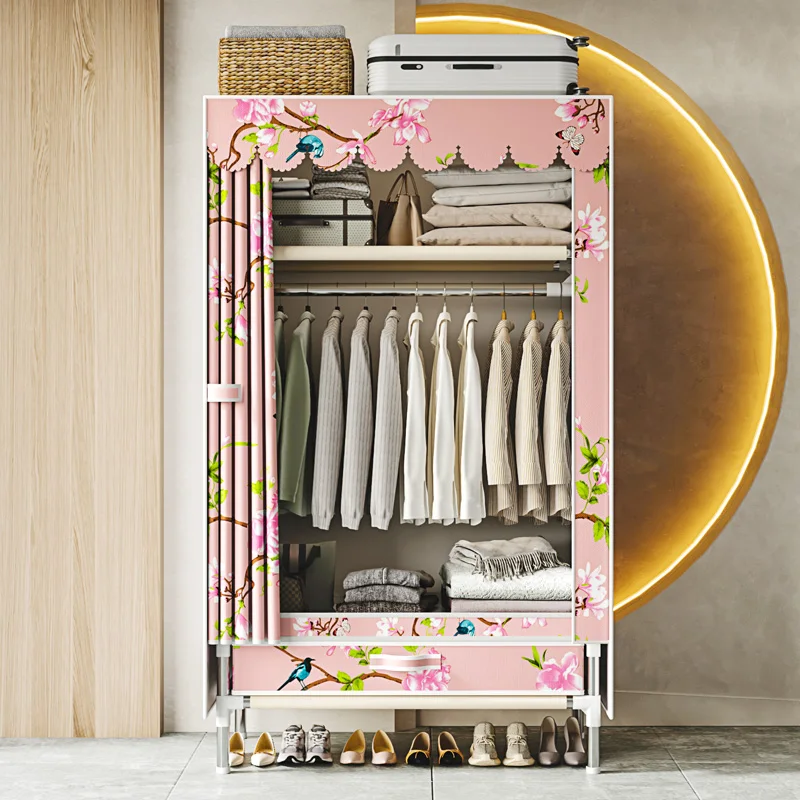 Wardrobe with 1 Storage Drawer in Floral Print Fabric, Heavy-Duty Reinforced Metal Frame Portable Wardrobe, Dust-Proof Multi-Layer Clothing Storage Cabinet, Suitable for Bedroom, Dormitory, Rental Apartment
