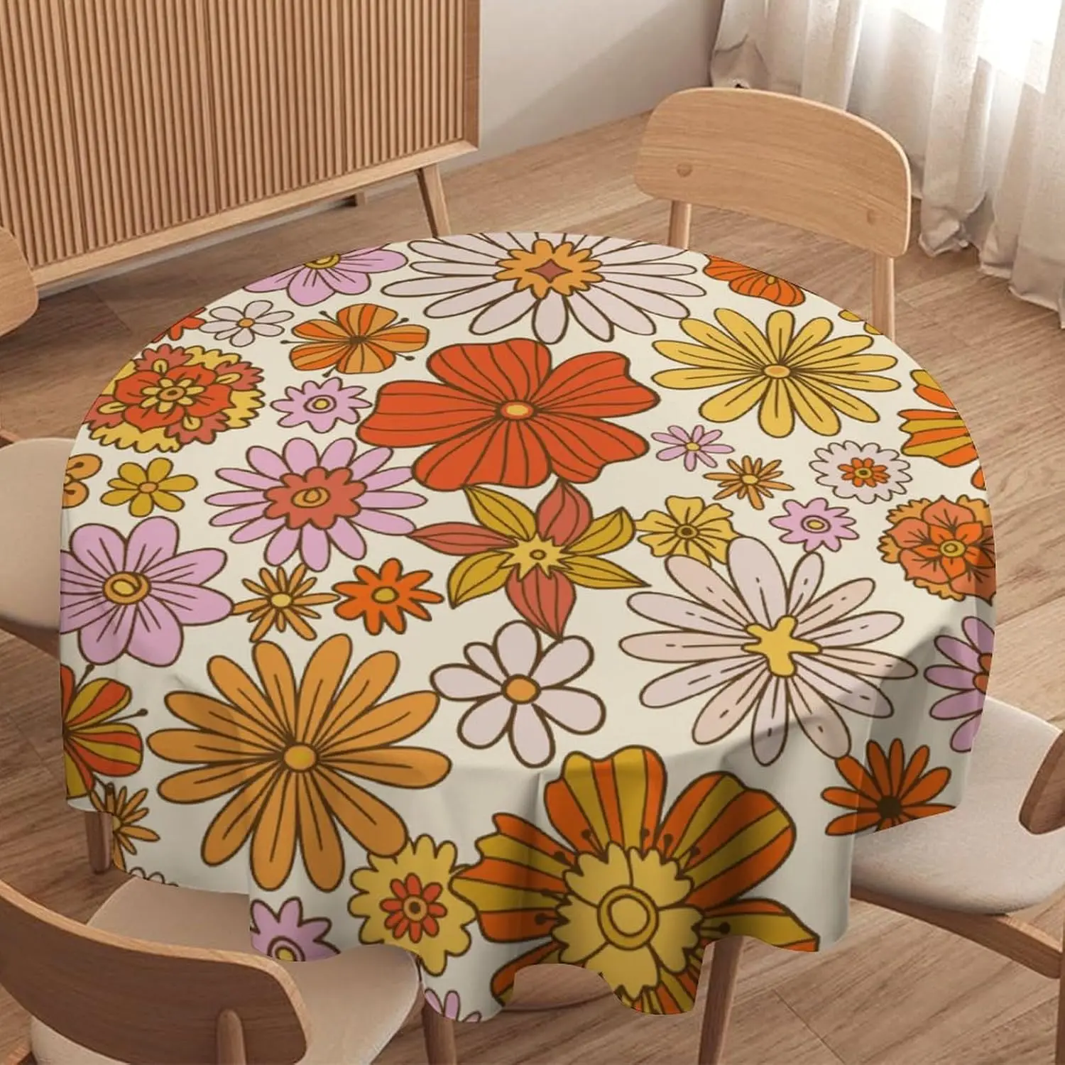Vintage Floral Round Tablecloth, Boho Colorful 70s Style Hippie Groovy Flower Farmhouse Country Gardern Waterproof Wipeable Tabl