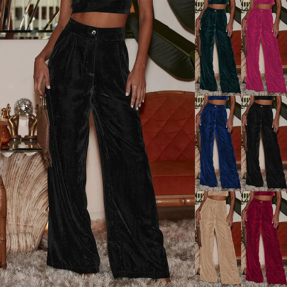 Elegant and Comfortable Velvet Wide Leg Trousers for Women  Plus Size Palazzo Trousers with Convenient Pockets