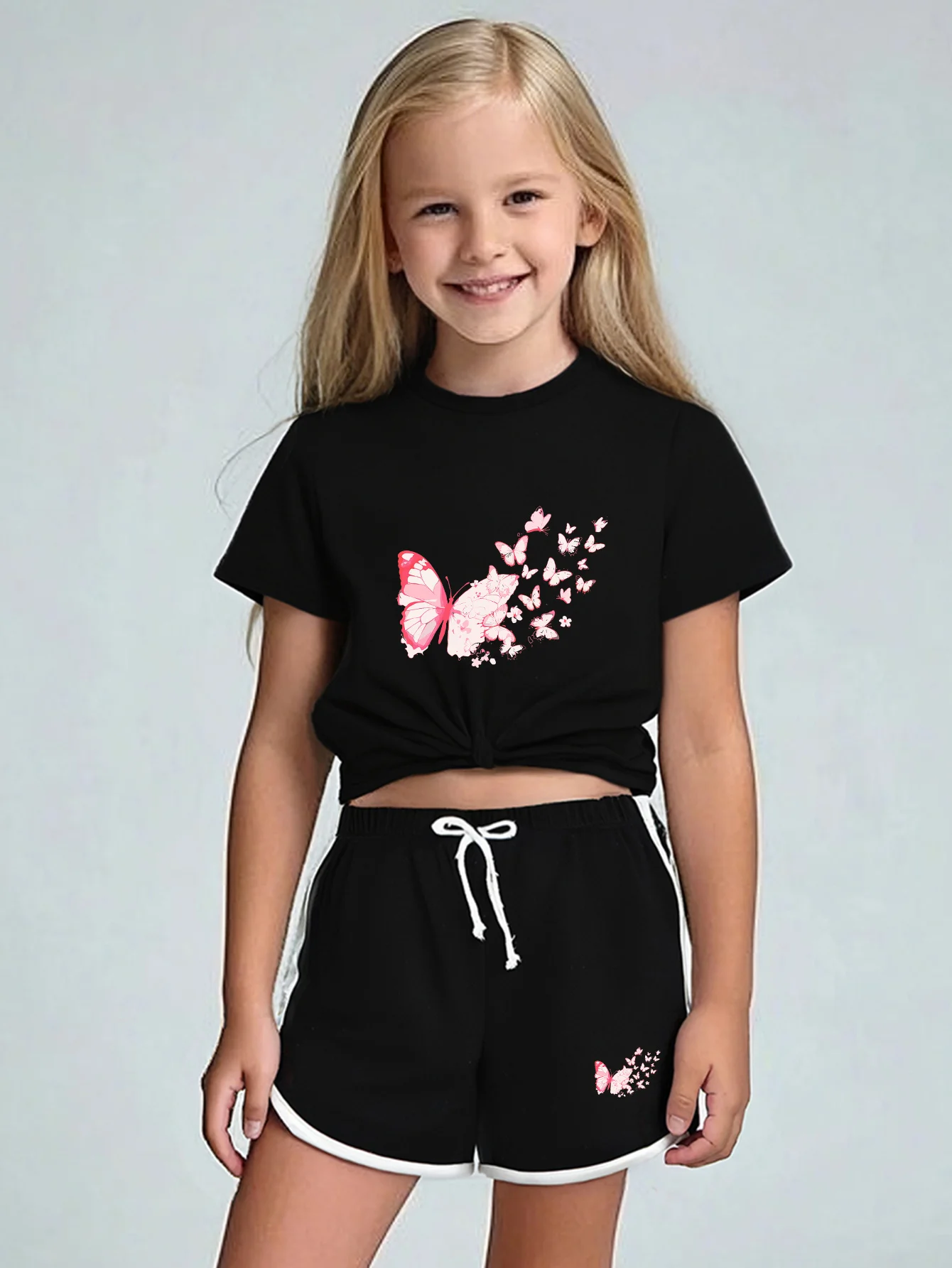 

Summer girl two-piece lace up T-shirt+shorts set, casual and comfortable, simple and cute, multifunctional, beautiful butterfly.