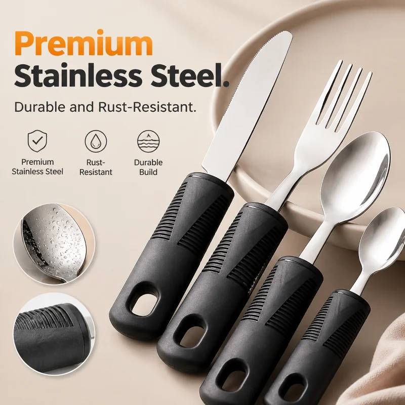 Non‑Slip Rubber Plastic Handle Adaptive Tableware Set, Stainless Steel Knife Fork Spoon for Elderly Weak Grip