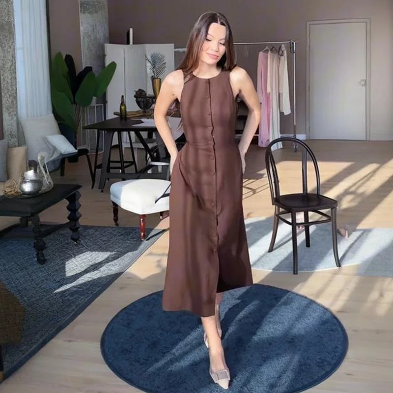 ETJ 2025 neues Damenkleid, elegante Mode, Retro-Rundhalsausschnitt, ärmellos, Gürtel, Taille, langes Kleid, Urlaub, Partykleid