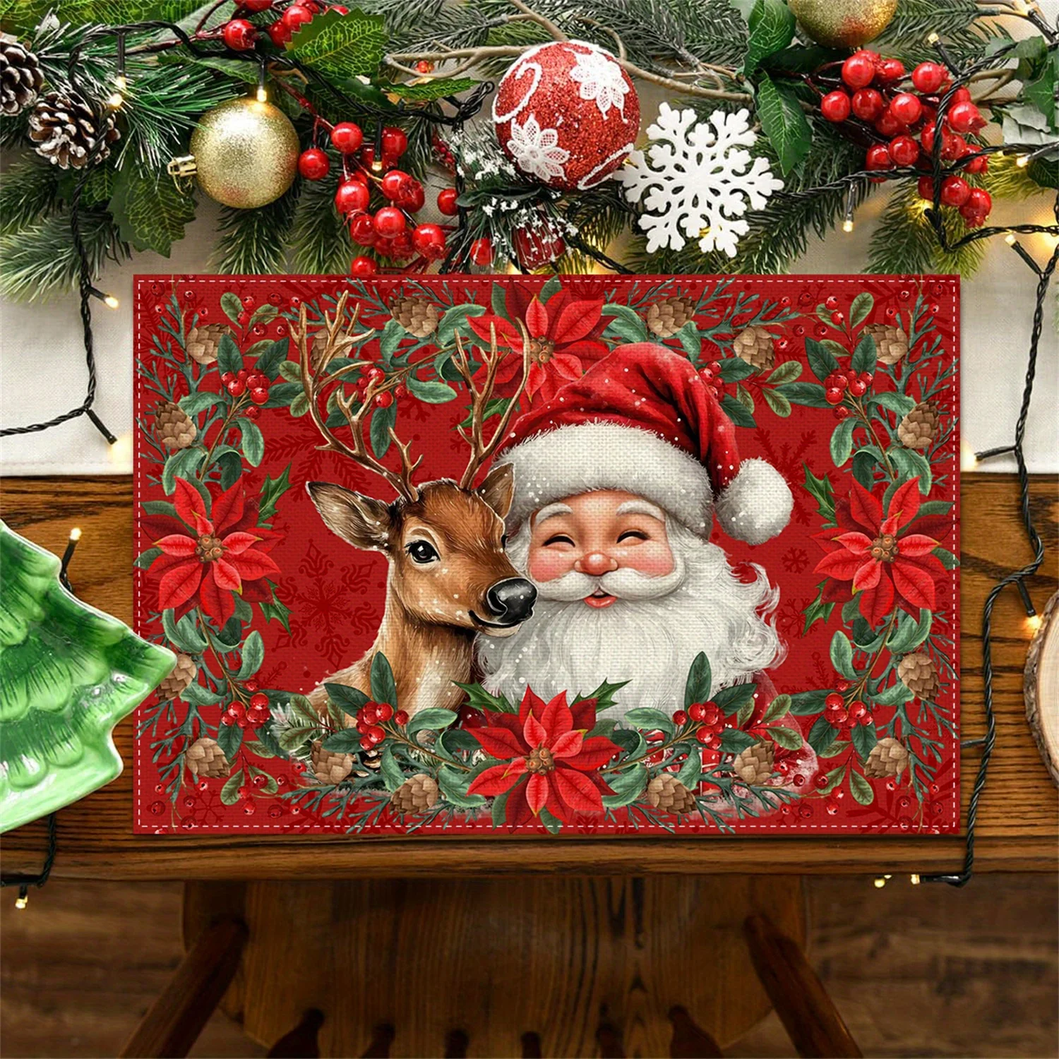 4pcs Christmas Placemats, Santa Reindeer Poinsettia Holly Berries, Holiday Decor for Dining Table & Kitchen, Home Party Use