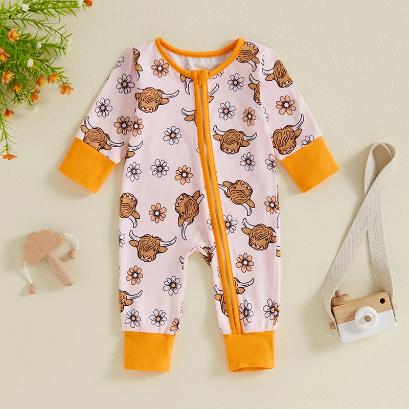 Baby Girls Romper Highland Cow Print Long Sleeve Crew Neck Jumpsuits Spring Casual Clothes Infant Bodysuits