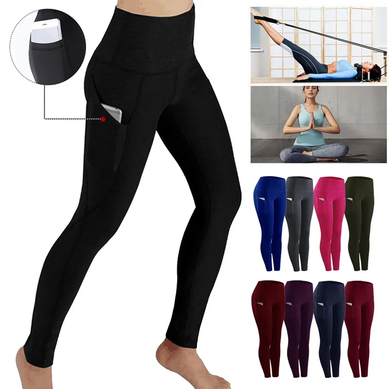 Fashion Women\'s High Waist Skinny Fitness Exercise Leggings with Pockets Gym Sport Workout Running Pant Comfy Yoga Trousers