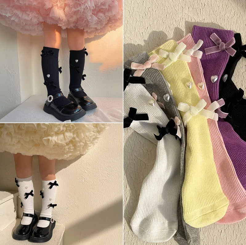 New Korean Chic Calf Sock for Kids Girls Sweet Fashion Bow Heart Style Sock Spring Soft Cotton School Girl Pile Socks