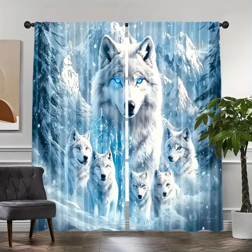 3D Ice Blue Wolf Pack Window Curtain 2 Panels, White Wolf Glowing Blue Eyes Snow Mountain Pine Print Icy Blue Background Animal