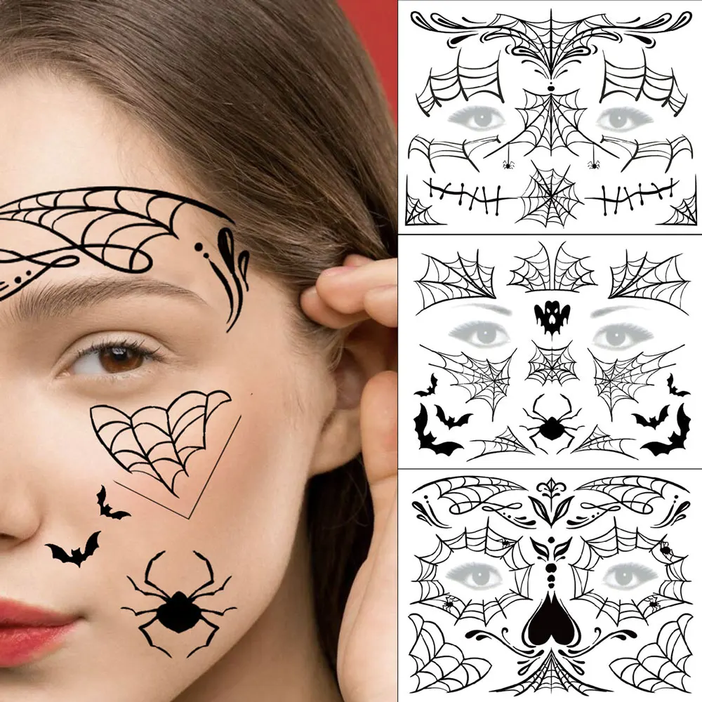 

Spider Web Tattoo for Women Men Temporary Tattoos for Halloween Party Face Makeup Spider Bat Pattern Fake Tattoo