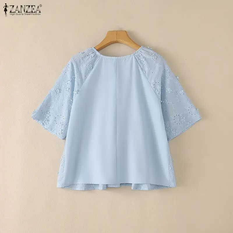 ZANZEA Vacation Holiday Tunics Fashion Lace Tunic Women Blouse Solid Color Tops 3/4 Sleeve Blusas Casual Loose Tops 5