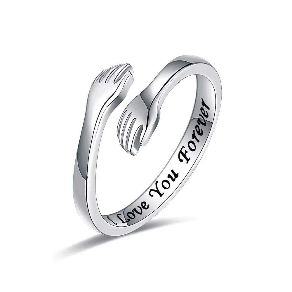 Sterling Silver Adjustable Couple Hug Ring for Women Mens Wedding Band Wrap Around Hand Ring Jewelry for Teen Girls Sizes 5-9