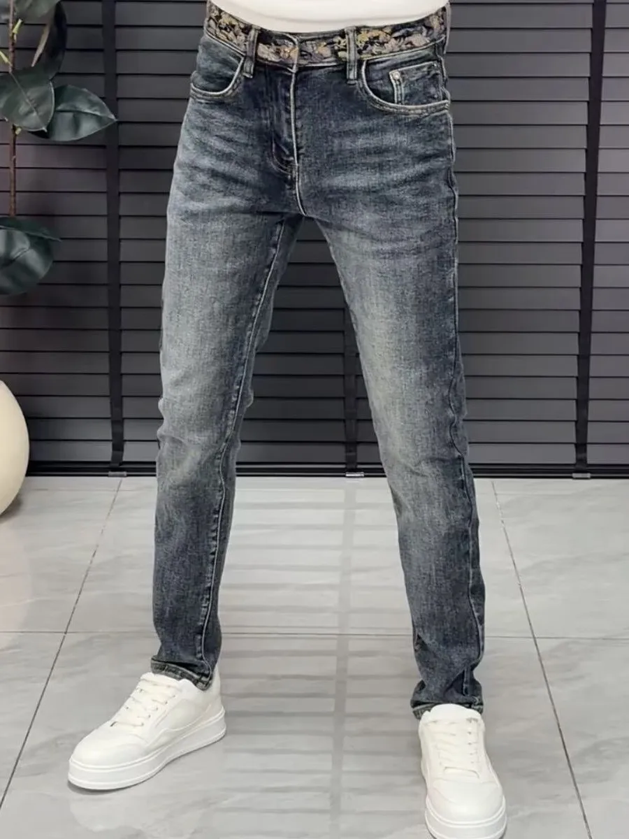 Elegant Men's Slim Fit Jeans Elastic Versatile Embroidered Casual Cotton Stretch Denim Autumn Long Trousers Fashionable Brand