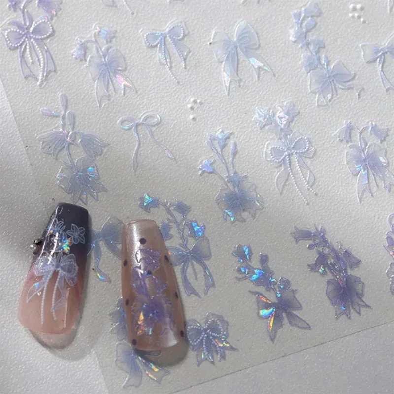 Charming Gradient Sparkle Purple Polarized Illusion Bowknot Morning Glory Lily Flower Adhesive Nail Art Stickers Manicure Decals