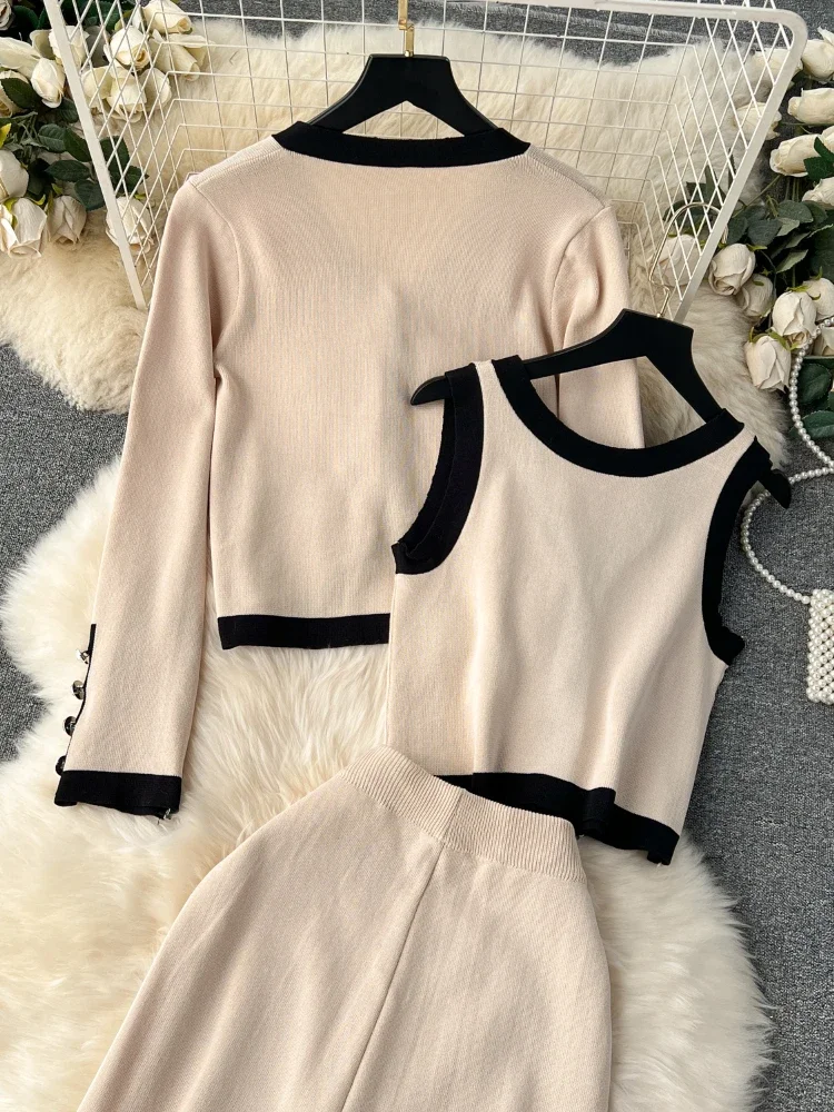 Autumn Thick Knitt 3 Piece Set Ladies Design Loose Cardiagsn+Knit Vest+Elastic Long Pants OL Office Style Fashion Sweater Suits