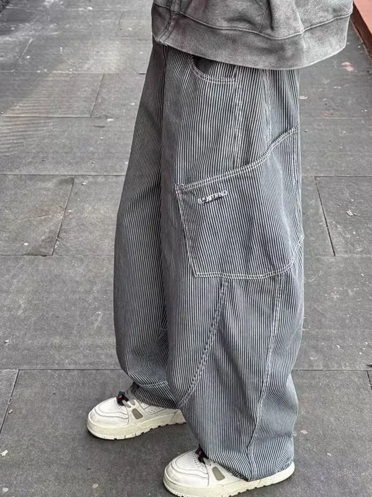 

American Retro Striped Knife Jeans Loose Wide Leg Large ket Workwear Straight Banana Long Trousers ex Long Pants