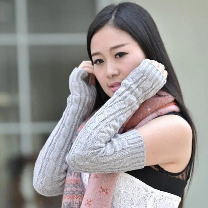 Korean Thick Knit Arm Warmers - Women's Long Fingerless Gloves Cable Pattern Full Arm Sleeves Winter Warm
