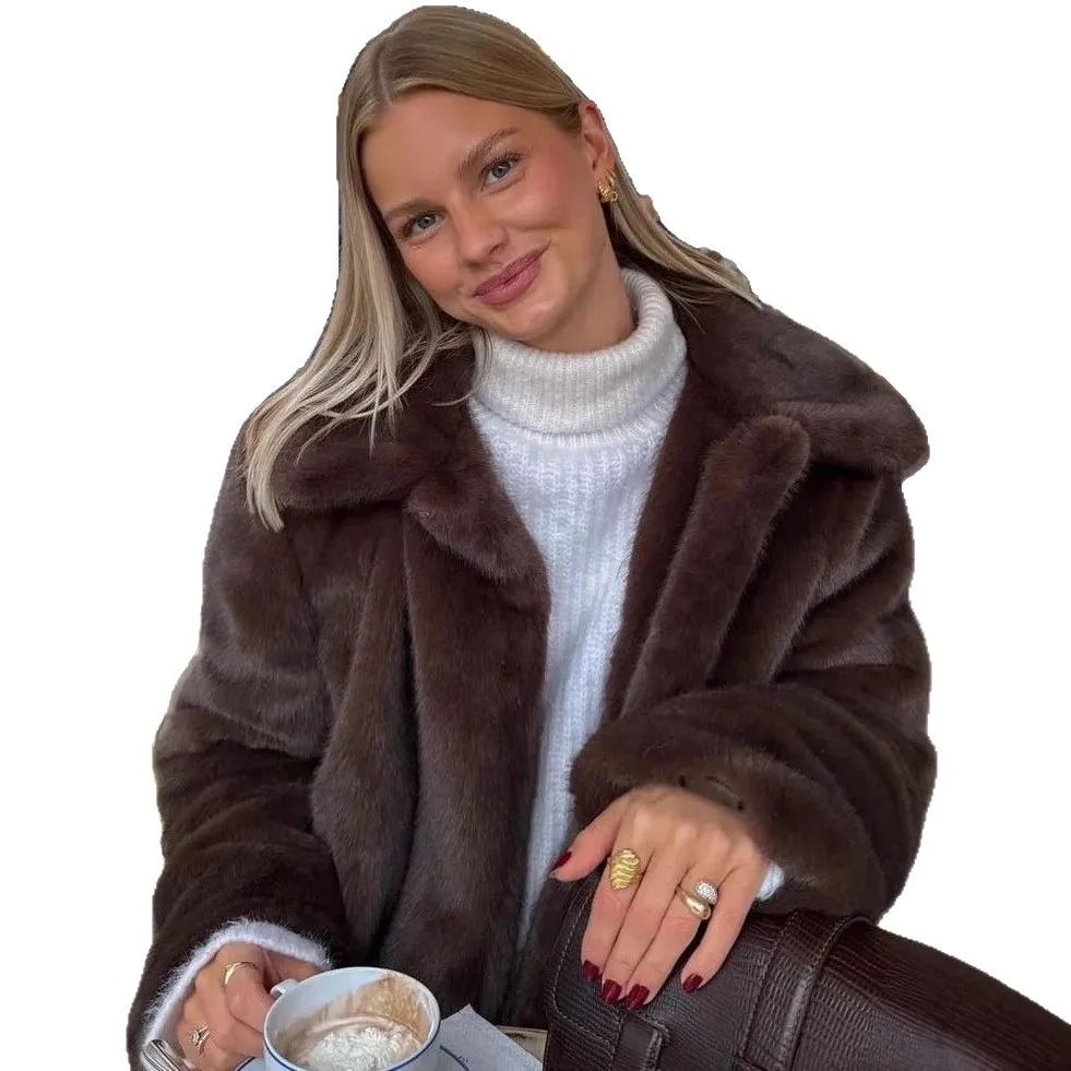 Vintage marrom inverno feminino casaco de pele do falso confortável terno artificial gola eco jaqueta de pele para senhora curto feminino casaco de pele de vison