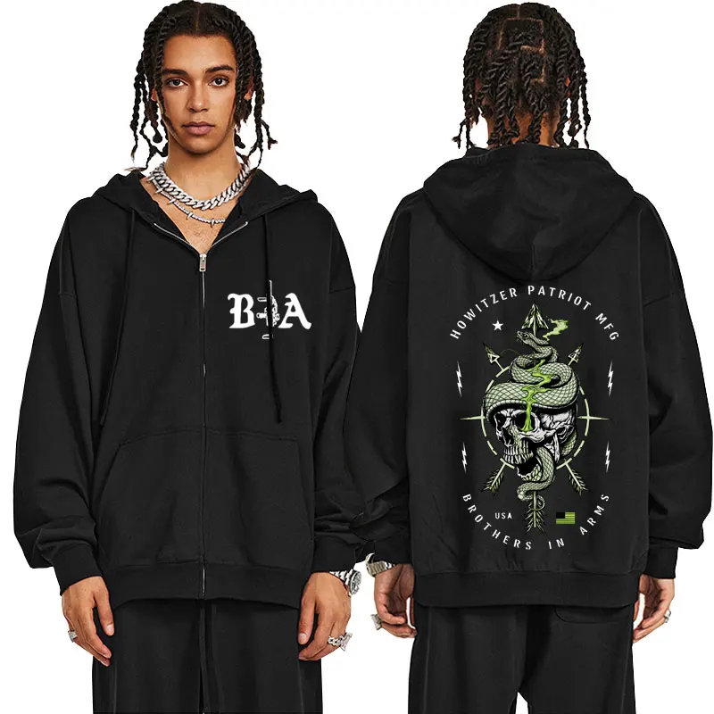 Jaqueta Vintage com Zíper e Estampa de Esqueleto de Cobra Brothers in Arms, Casaco Oversized Gótico Rock para Homens