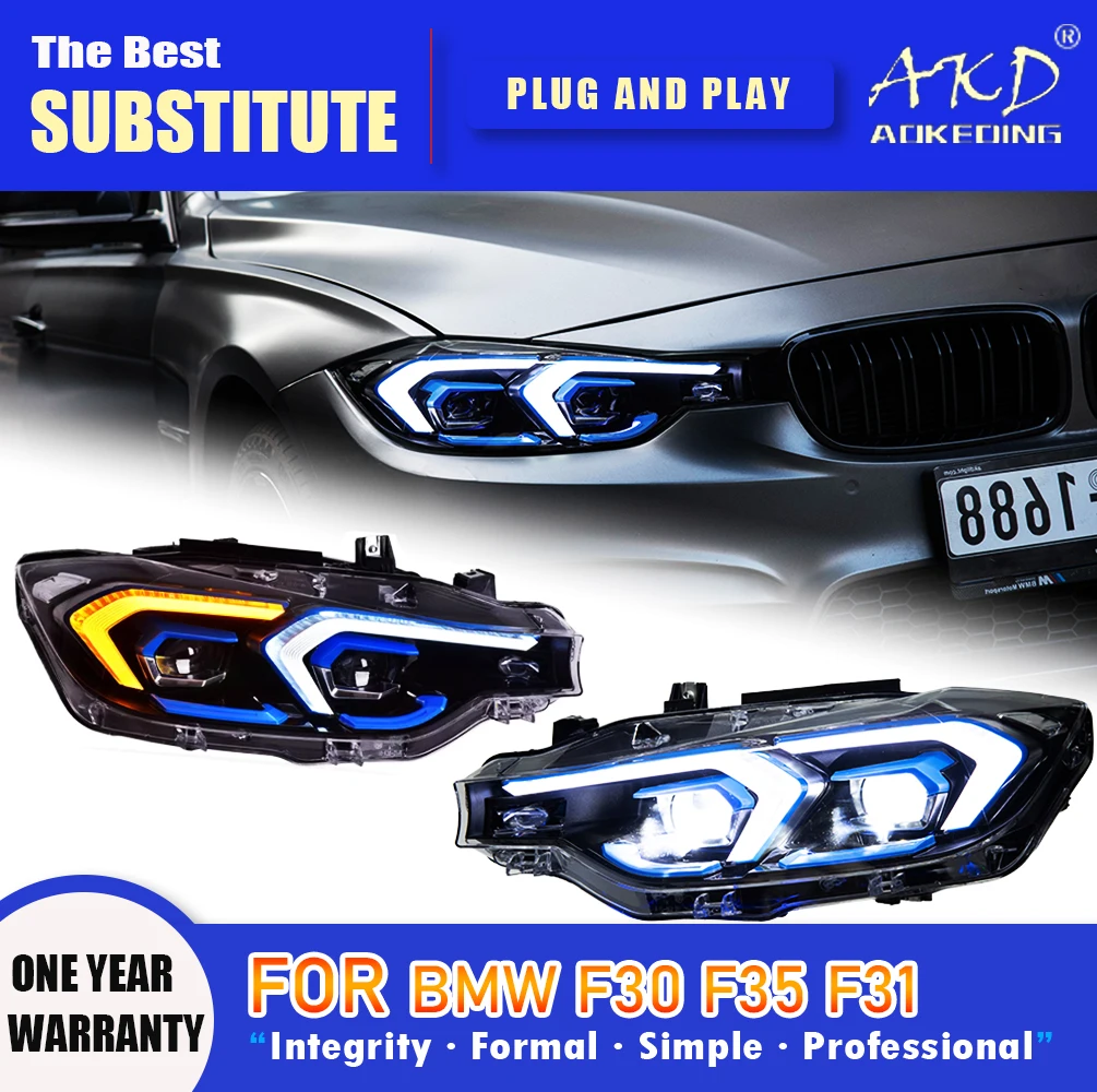 

Фара AKD для BMW F30 F31 F35, светодиодная фара 2013-2019, фары 3, серия DRL, указатель поворота, дальний свет, линза проектора «ангельский глаз»