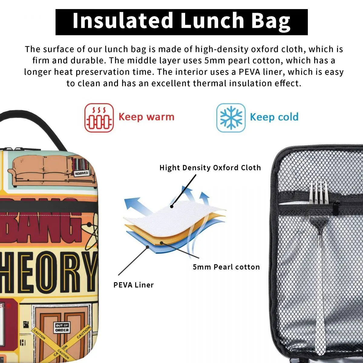 빅뱅 이론 도시락 가방 유니섹스 야외 피크닉용 재미있는 도시락 상자 휴대용 지퍼 쿨러 가방 옥스포드 그래픽 토트 음식 가방