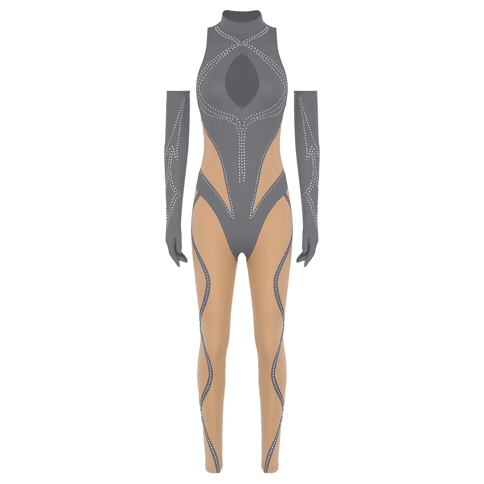 Women Elegant Gymnastics Jumpsuit Set Front Cutout Dance Romper with Matching Long Gloves for Yoga Figure Skating Dancewear