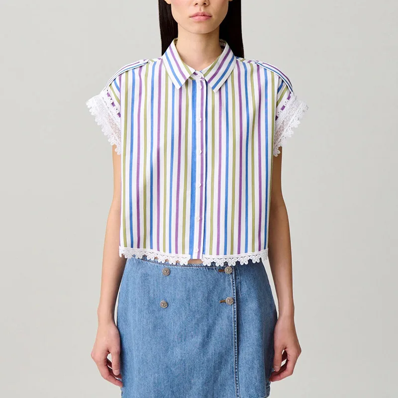 Withered 2026 Summer Colorful Vertical Striped Lace Lace Polo Collar Sleeveless Short Top Blouses Women's Clothes Shirts Tops