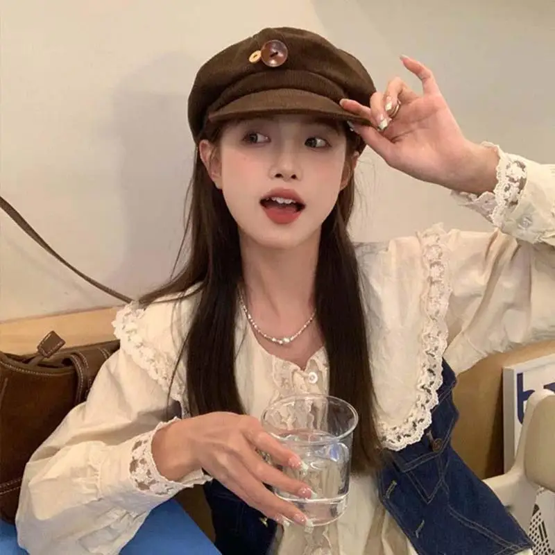 Women Corduroy Octagonal Newsboy Cap Double Wooden Buttons Soft Face Flattering Beret Hat For Daily Outfit