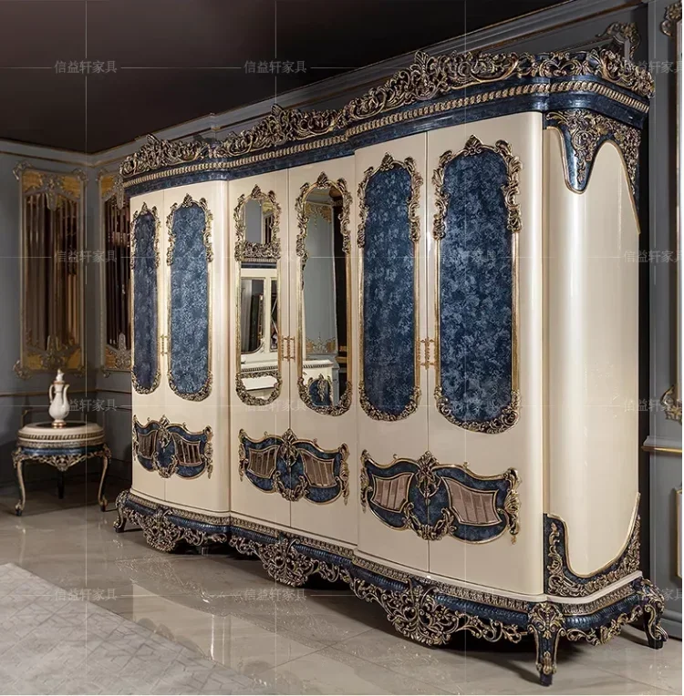 European luxury solid wood carving wardrobe neoclassical do old villa bedroom storage cabinet wardrobe customization