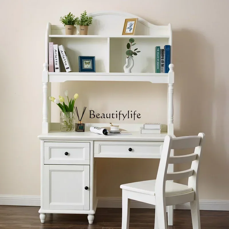 D38American الريفية البحر الأبيض المتوسط الرعوية الكورية جميع الخشب الصلب الأبيض كريم نمط مكتب رف الكتب