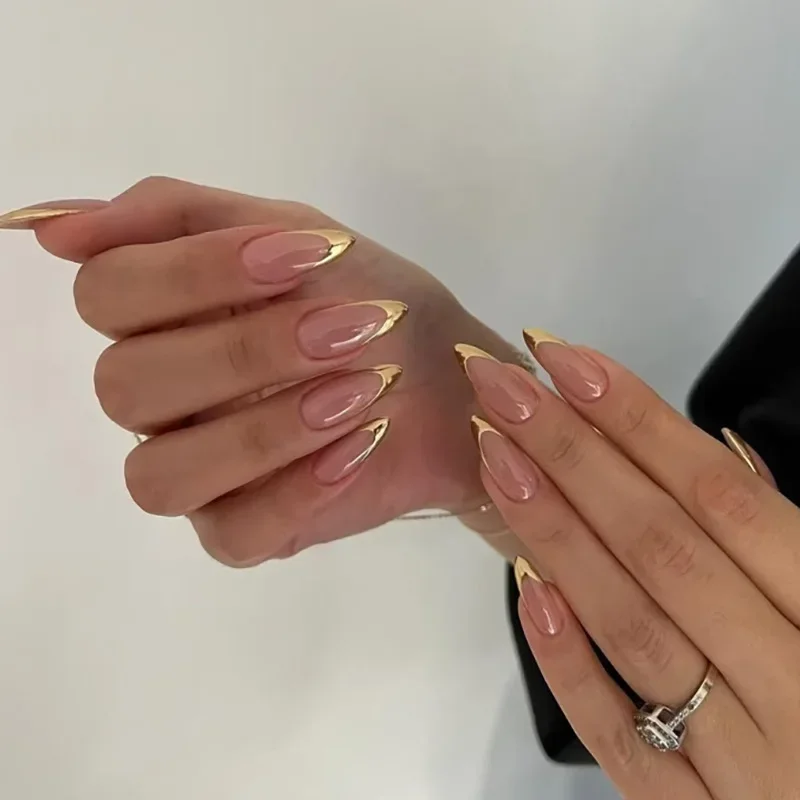 24pcs/set Golden French Almond Press on Nails Simple False Nails Wearable Stick-on Nails Fake Nail Накладные Ногти 네일팁 Uñas