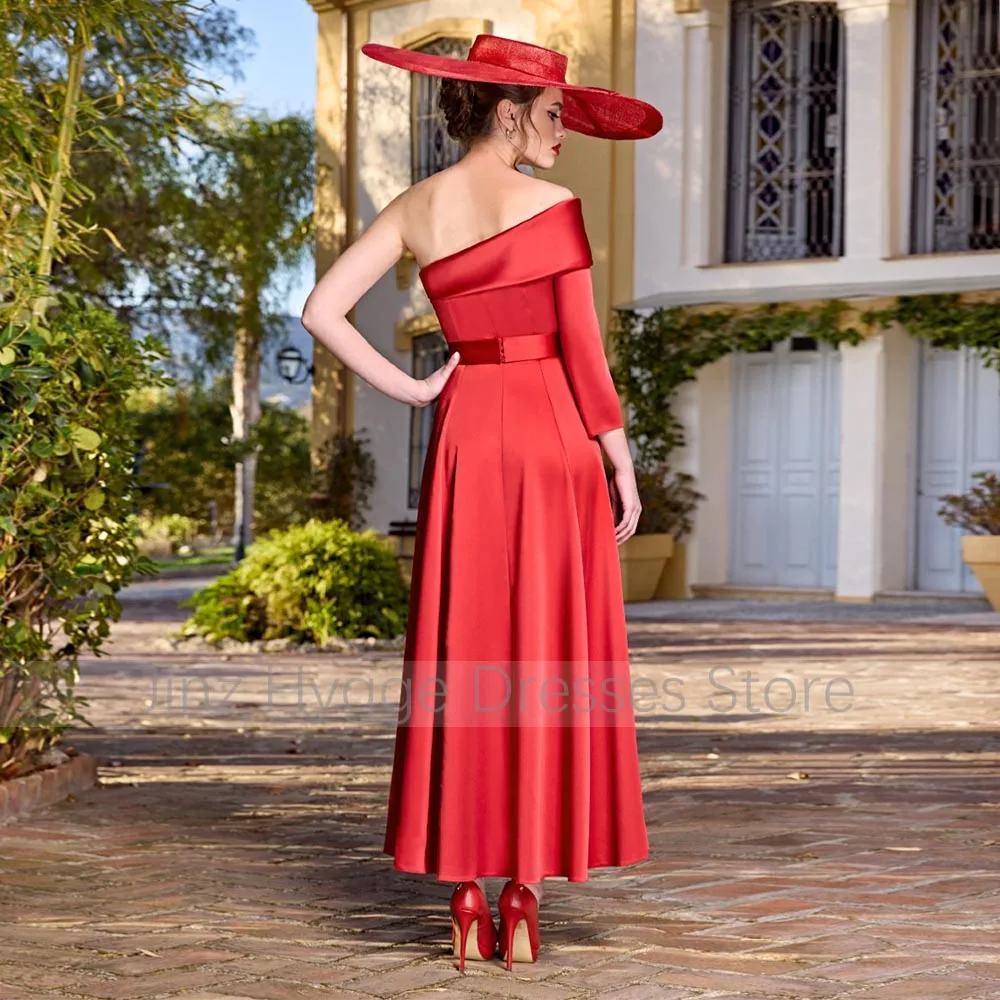 Robes d'invitées de mariage en satin rouge pour femmes, épaules dénudées, robe mère de la mariée, ligne A, longueur cheville, robes formelles, 2025