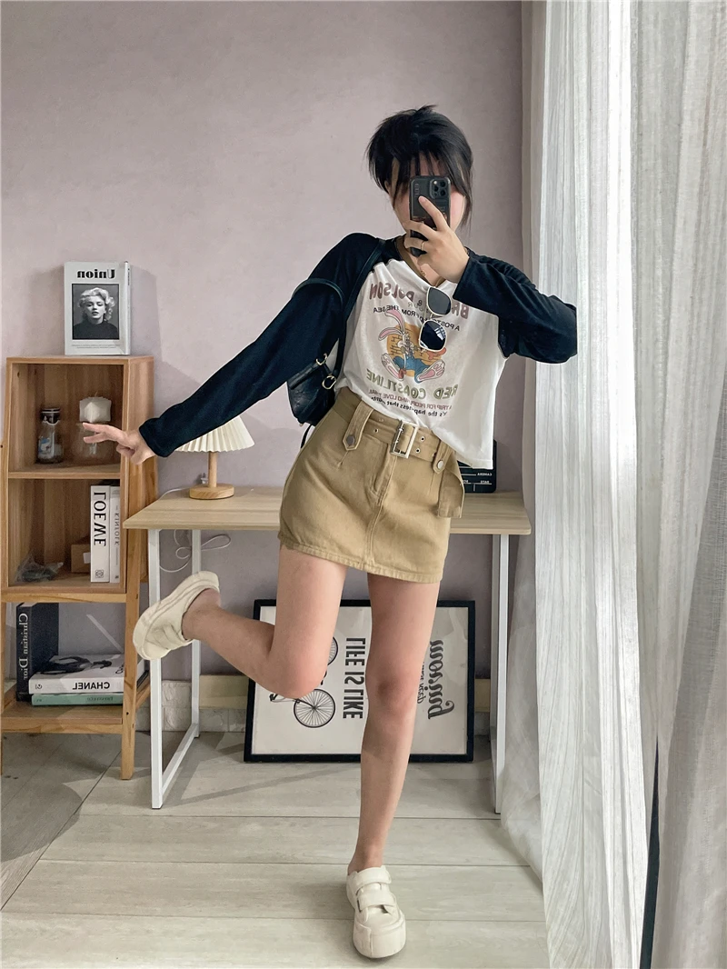 

Ретро-юбка А-силуэта с высокой талией, женская, дизайнерская, цвет хаки, джинсовая юбка, брюки-шорты длины до колена для девушек