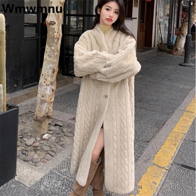 Thick Mid-length Faux Fur Coats Twist Imitate Mink Winter Furry Manteau Warm Luxury High Quality Outerwear Women Korean Jacket